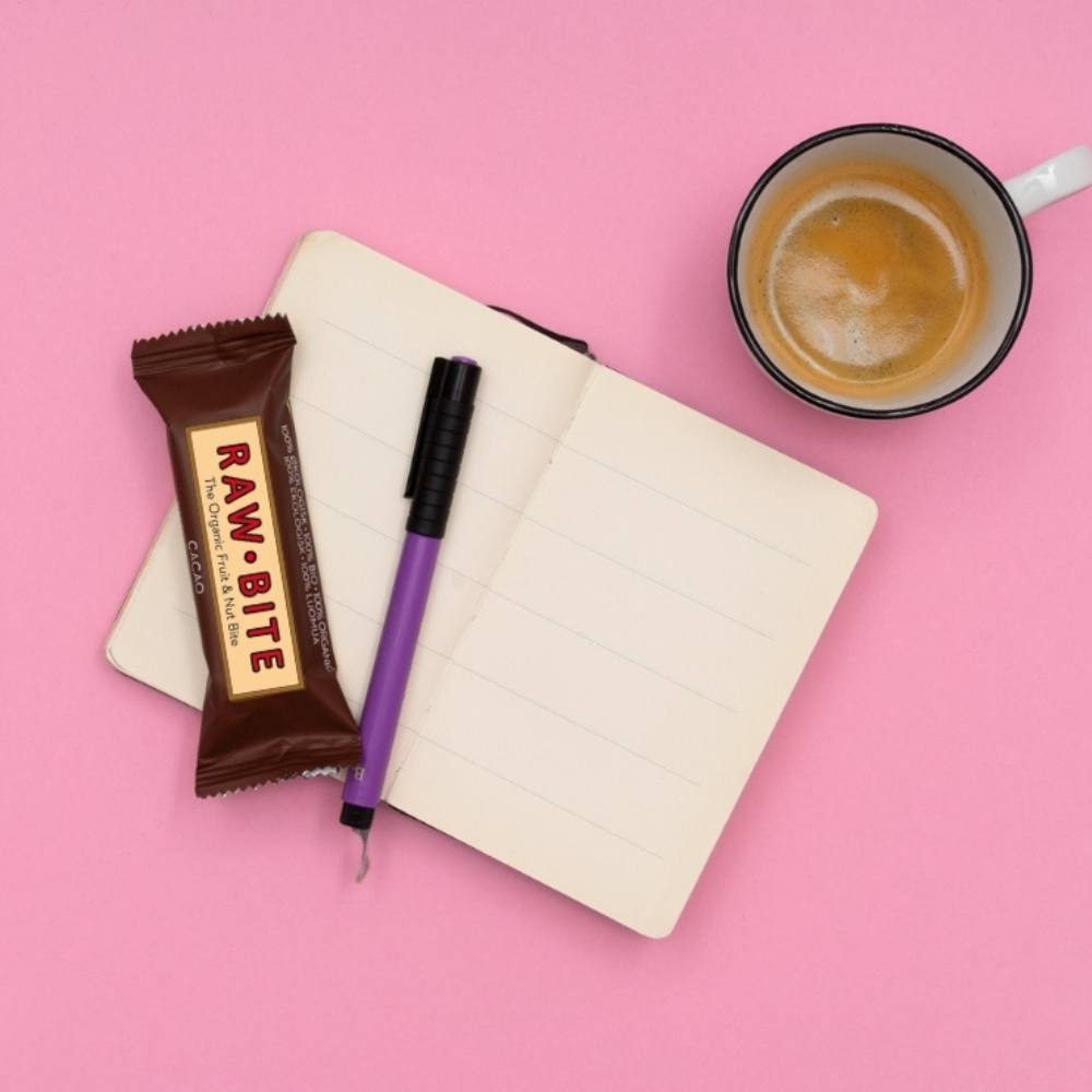 RAWBITE Cacao,Notitzbuch und Kaffee